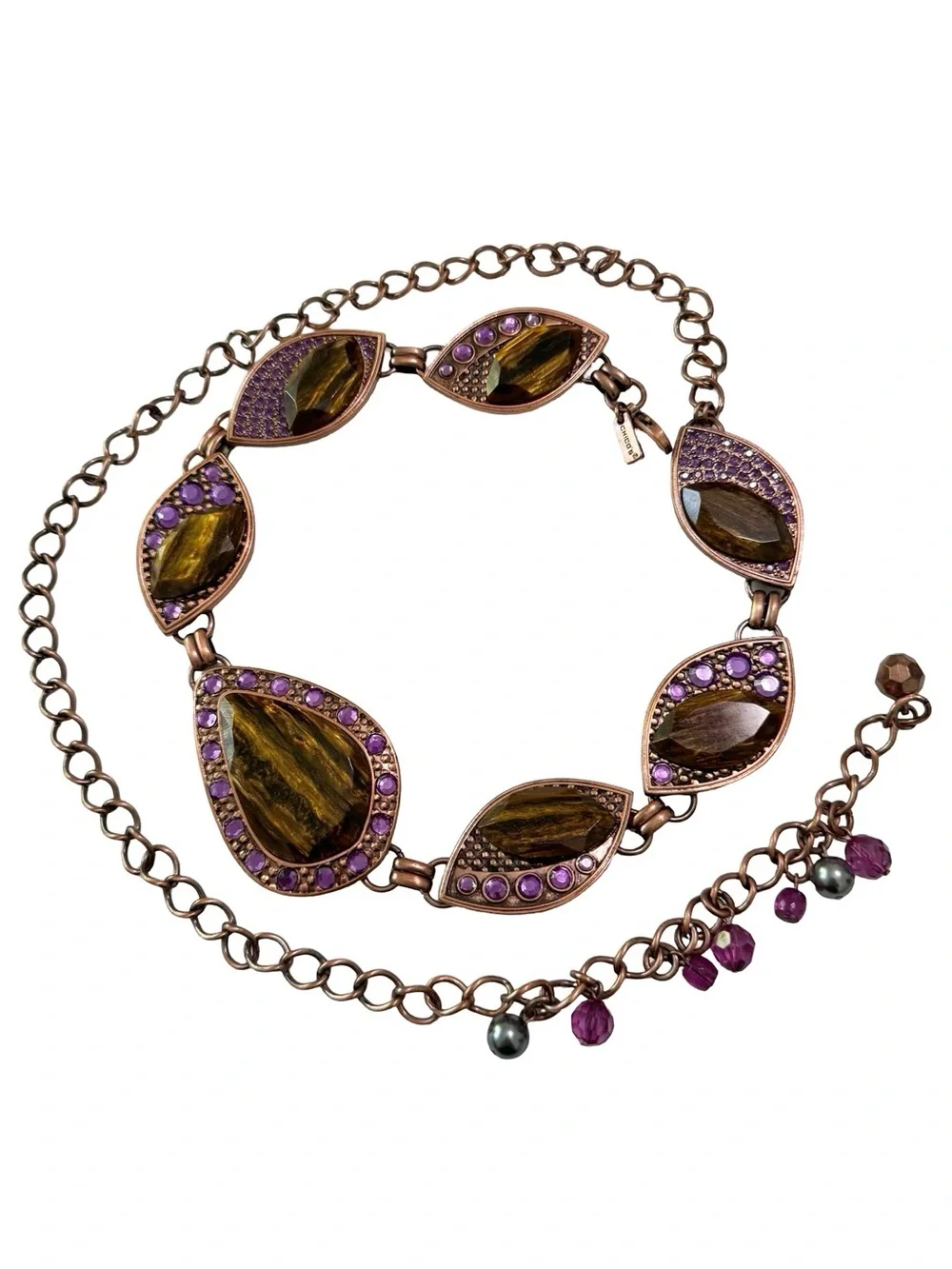 Chico’s Tiger Eye Purple Rhinestone Copper Tone Chain Belt